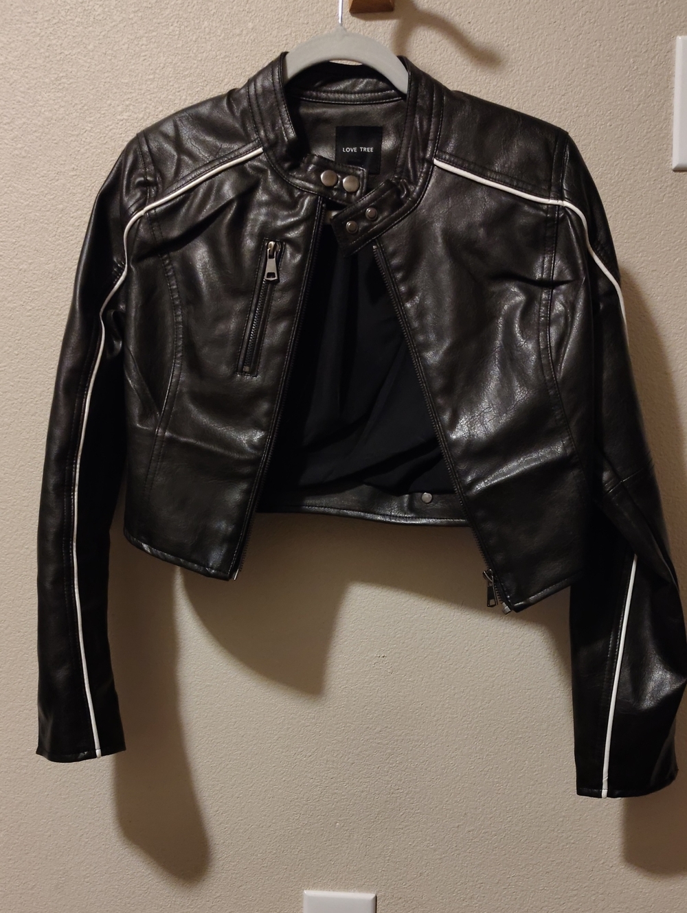 Love Tree Black Faux Leather Moto Jacket with White Trim